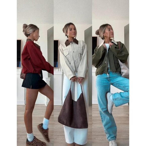 Women Army green Cropped Utility Cargo Coat Contrast Collar Barn Outwear - Picture 6 of 6